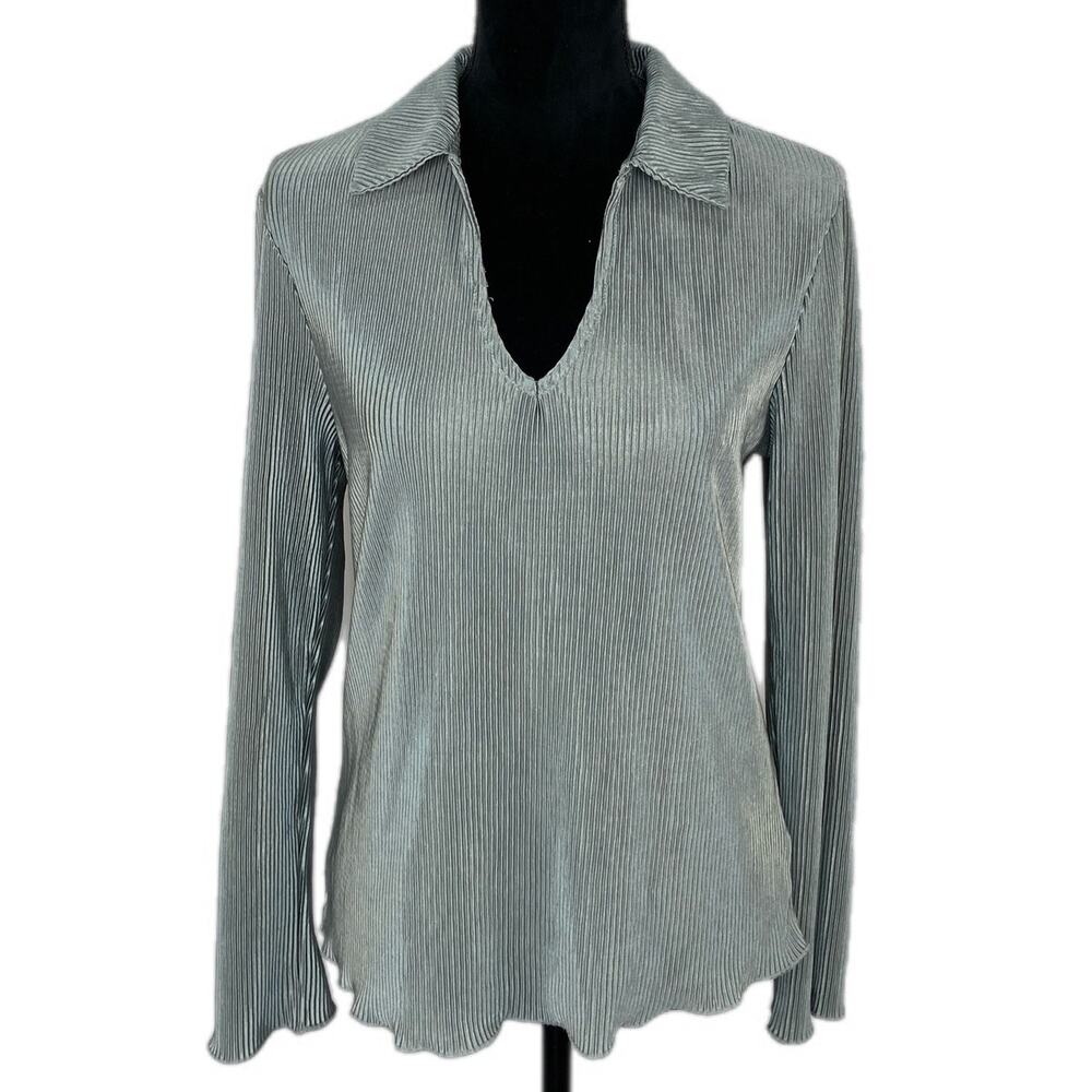 Silver Crinkle Shirt - Metallic V Neck Top - Y2K Disco Collared - Size M